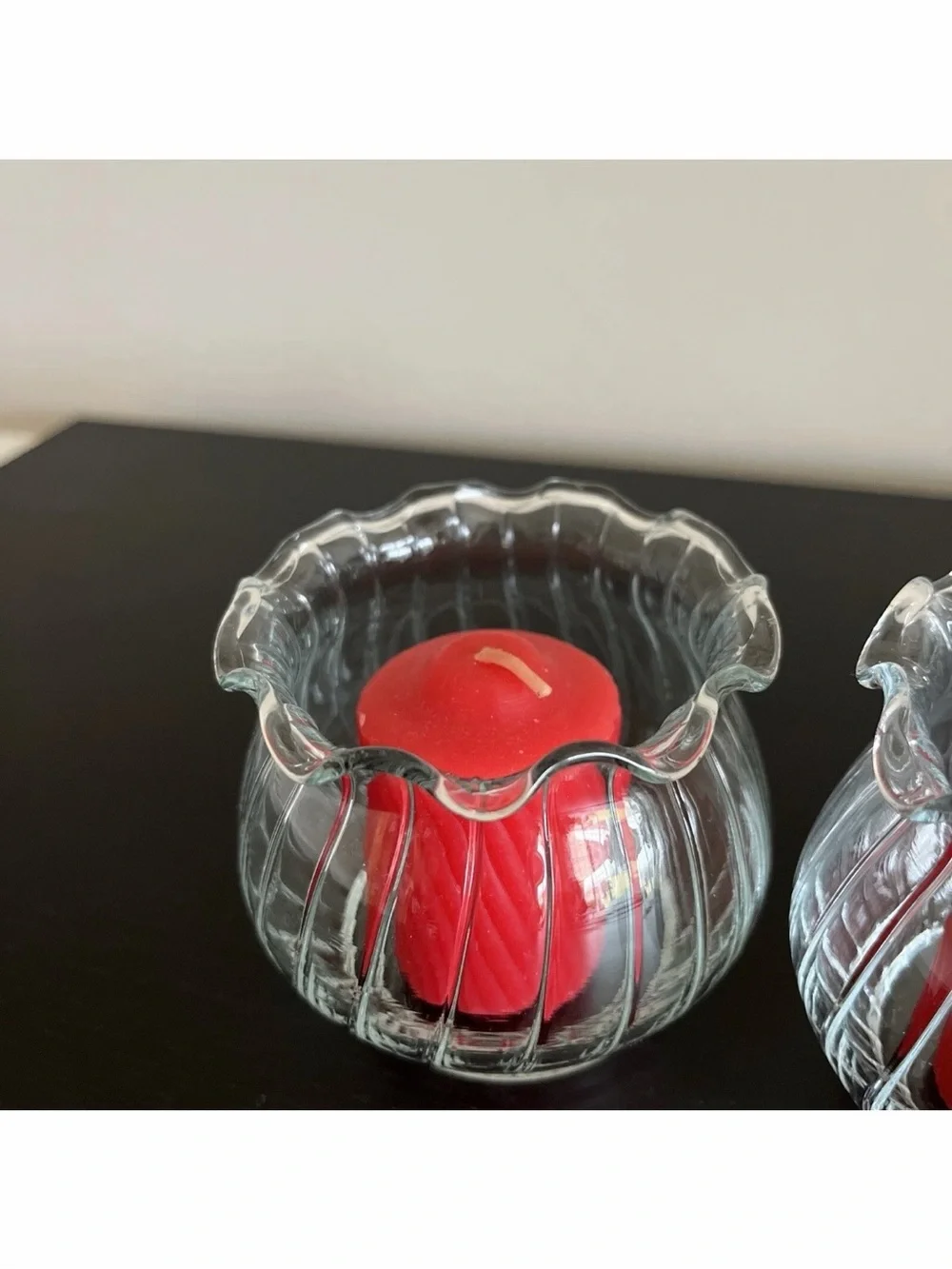 Vintage Glass Candle Holders Vases Tea Lights Red Votives Ribbed Ruffled MCM 2pc